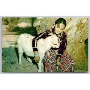 Postcard New Mexico Gallup Navajo Maiden and Her Goat Posted 1960 Silver Buttons